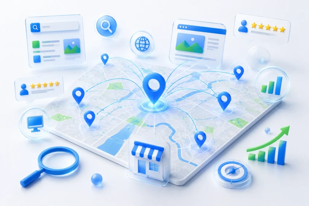 Aurora Illinois local SEO service area with map and location markers