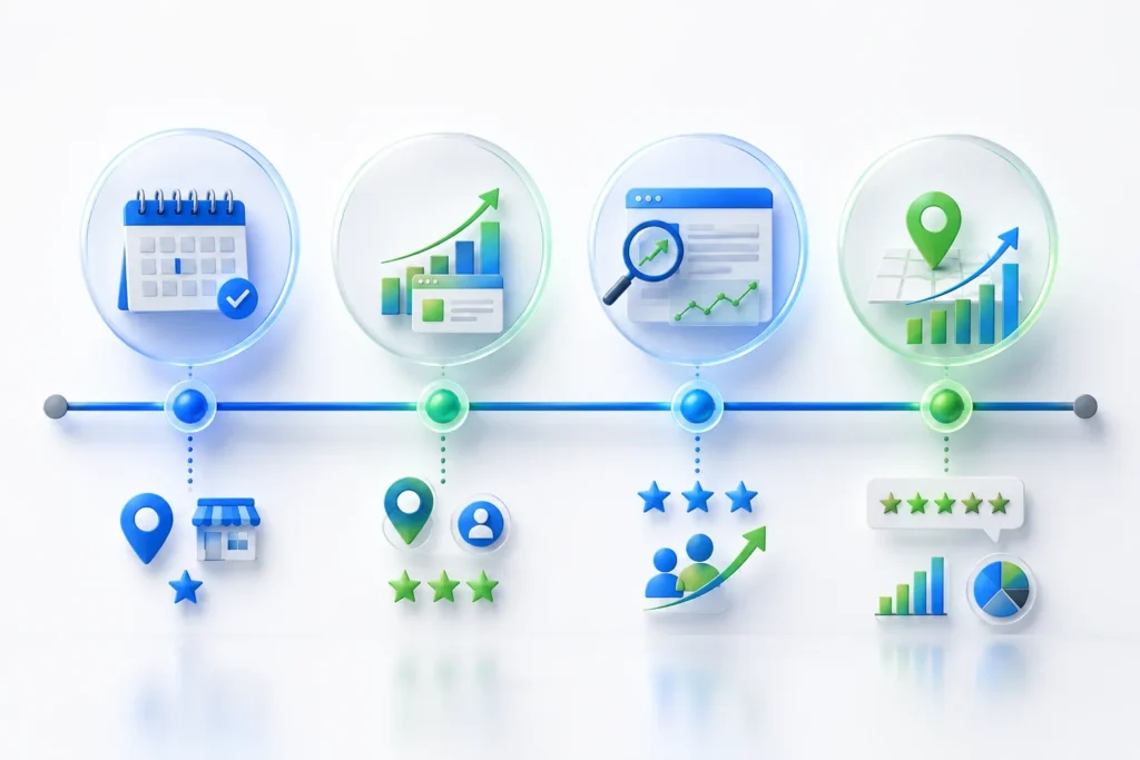 Local SEO timeline in Aurora showing 30-day, 3-month, 6-month, and 12-month milestones