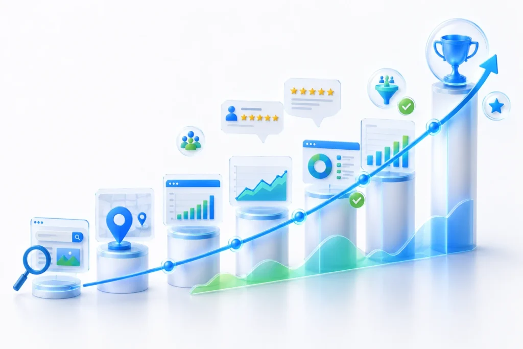 Local SEO growth over time with increasing rankings, traffic, and leads